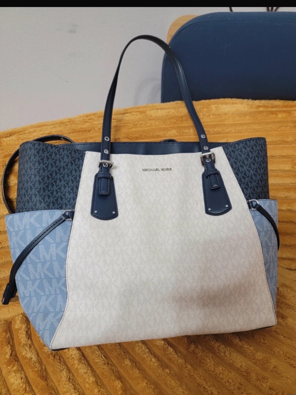 Michael Kors Blue, Navy and Cream Canvas Colorblock Tote in good used condition